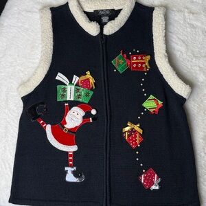 Vtg‎ Christmas Sweater Vest L Navy Full Zip Ramie Embroidered Beads Fleece Santa